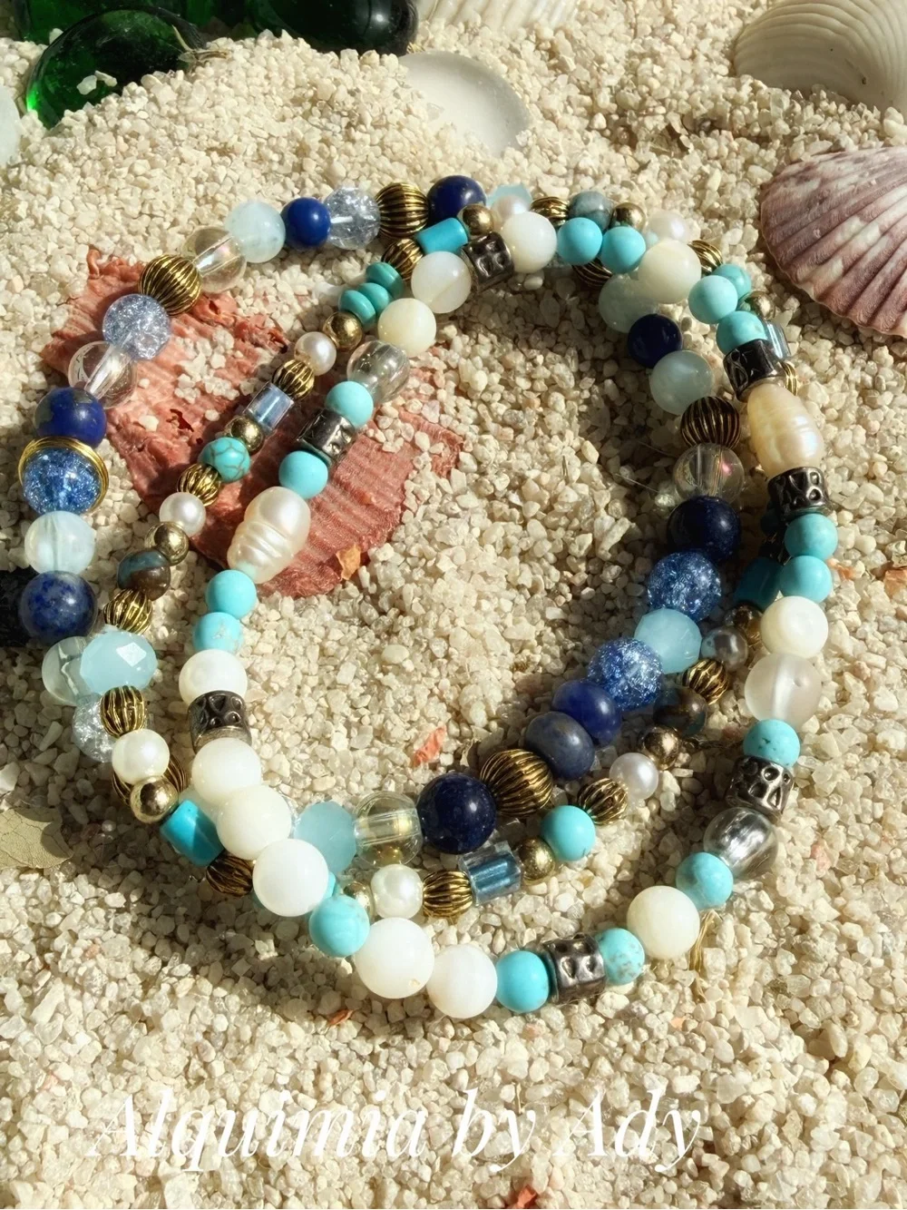 SET + Baroque pearls + Lapis + aquamarine Turquoise   Beaded Stretch Bracelet